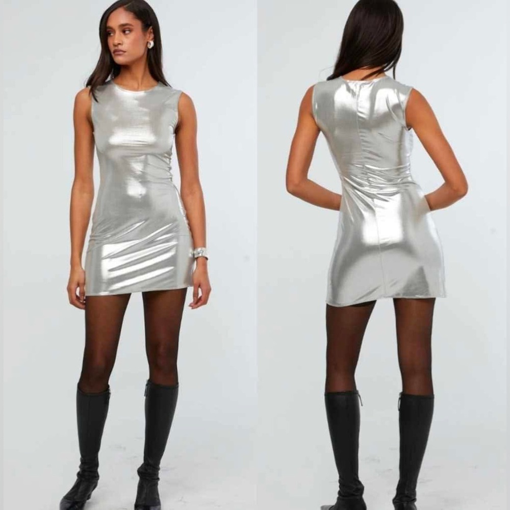 Metallic Silver Sleeveless Mini Dress